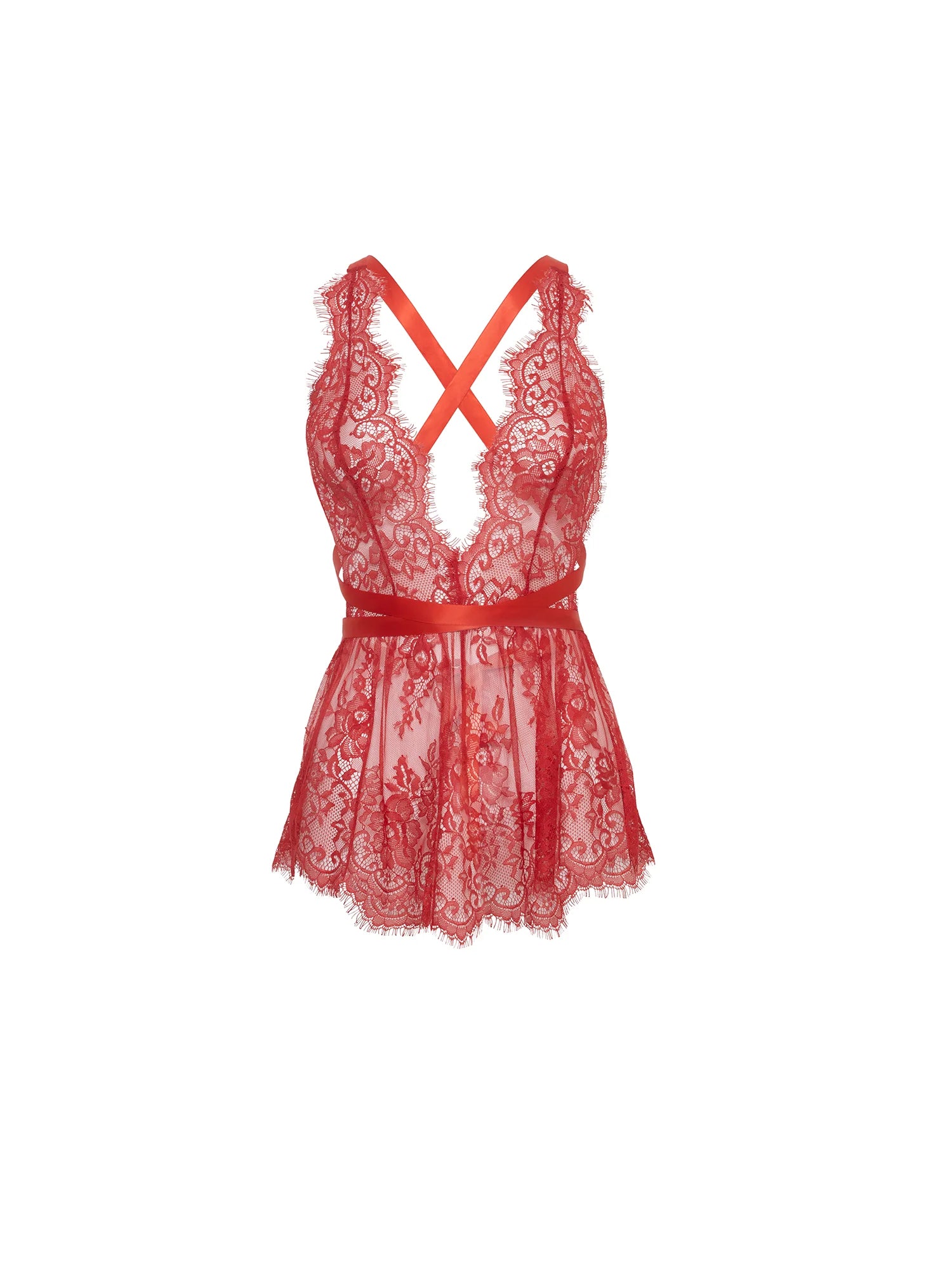 The Brea Lace Romper in vibrant red showcases intricate floral lace with a deep V-neckline, delicate scalloped edges, and a fitted waist. The lightweight stretch lace enhances comfort while maintaining an elegant, seductive appeal.