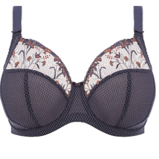 Elomi Charley Underwire Bra featuring shimmery floral embroidery and sheer mesh cups. Designed with a three-piece cup for forward-shaping lift, adjustable anti-slip straps, and a J-hook for racerback conversion. Shown in an elegant, breathable fabric ideal for everyday comfort and support.