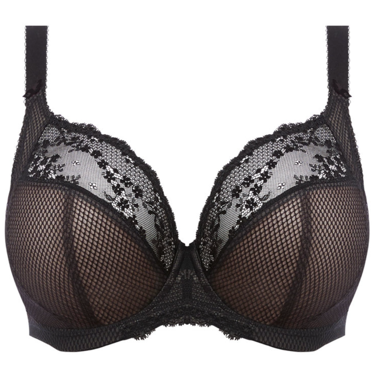 Charley Stretch Plunge Bra by Elomi featuring stretch lace and diamond mesh fabric, offering natural lift and shaping.