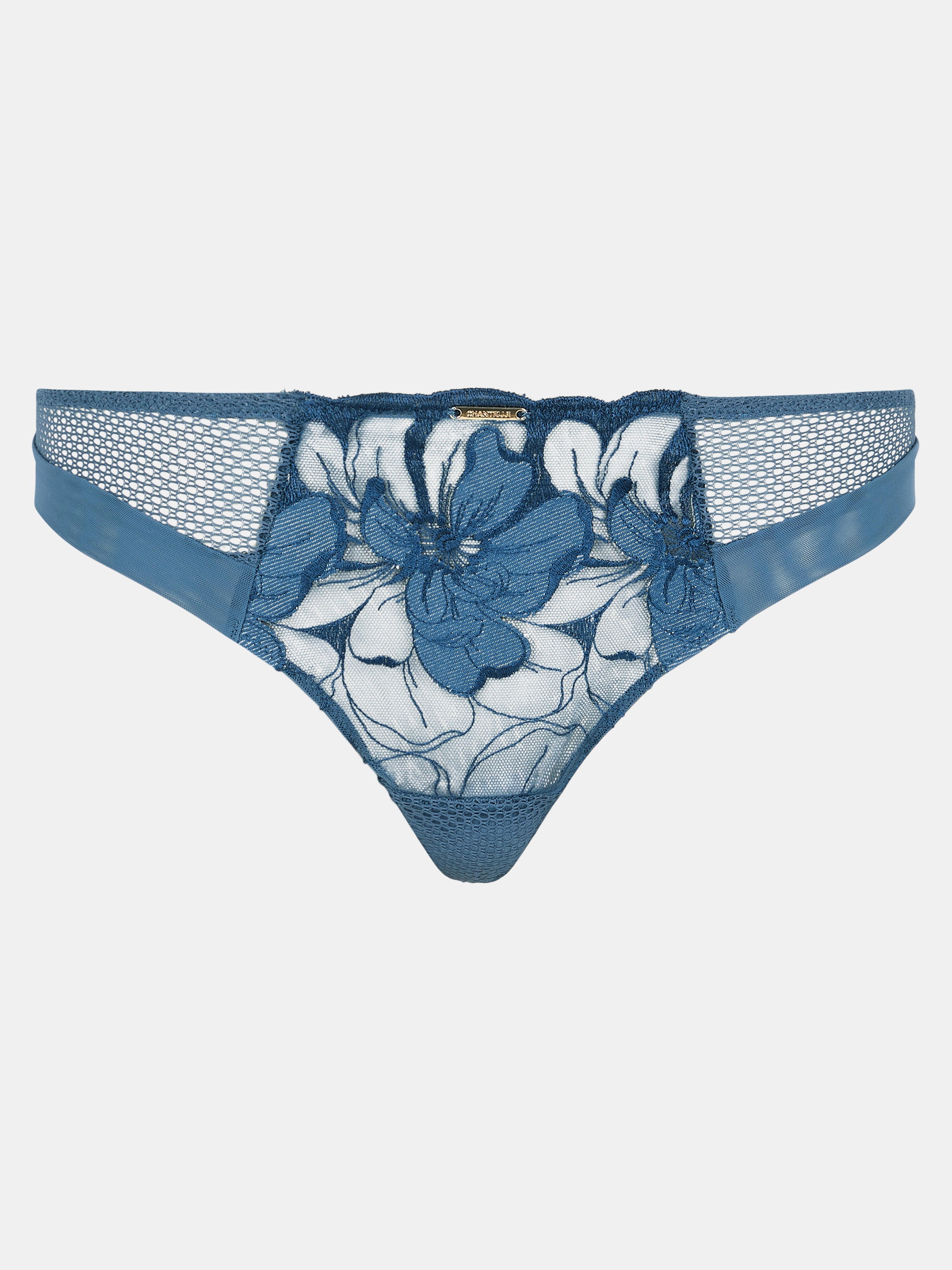 Front view of the Fleurs Signature Lace Thong in Blue Denim, featuring intricate floral embroidery on the front and sheer decorative mesh sides for a sophisticated look.