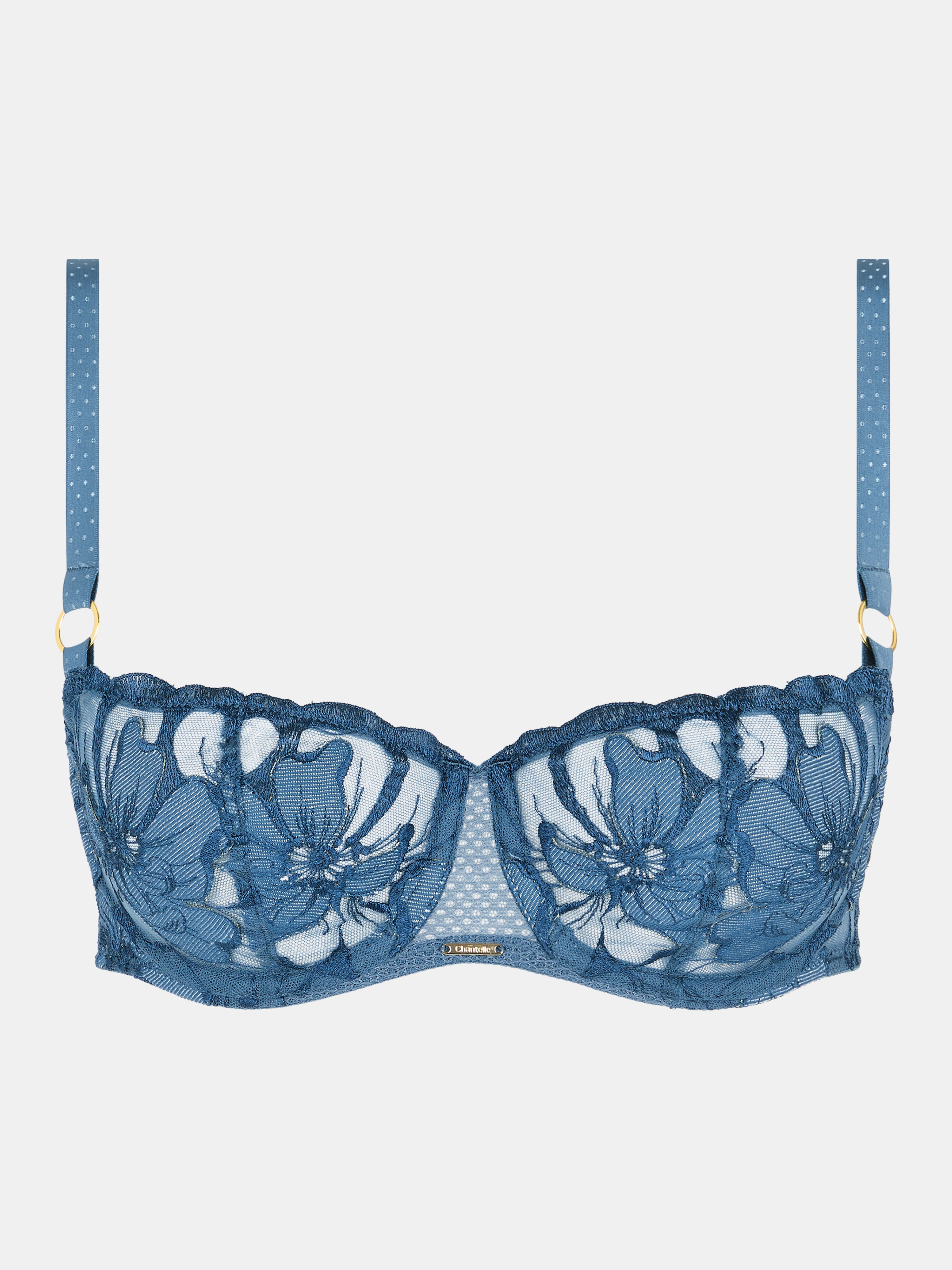 Front view of the Fleurs Signature Demi Bra in Blue Denim, featuring a balconette style with tulle-lined cups for a sculpted silhouette, velvet floral embroidery, and elegant polka-dot straps with front ring details.