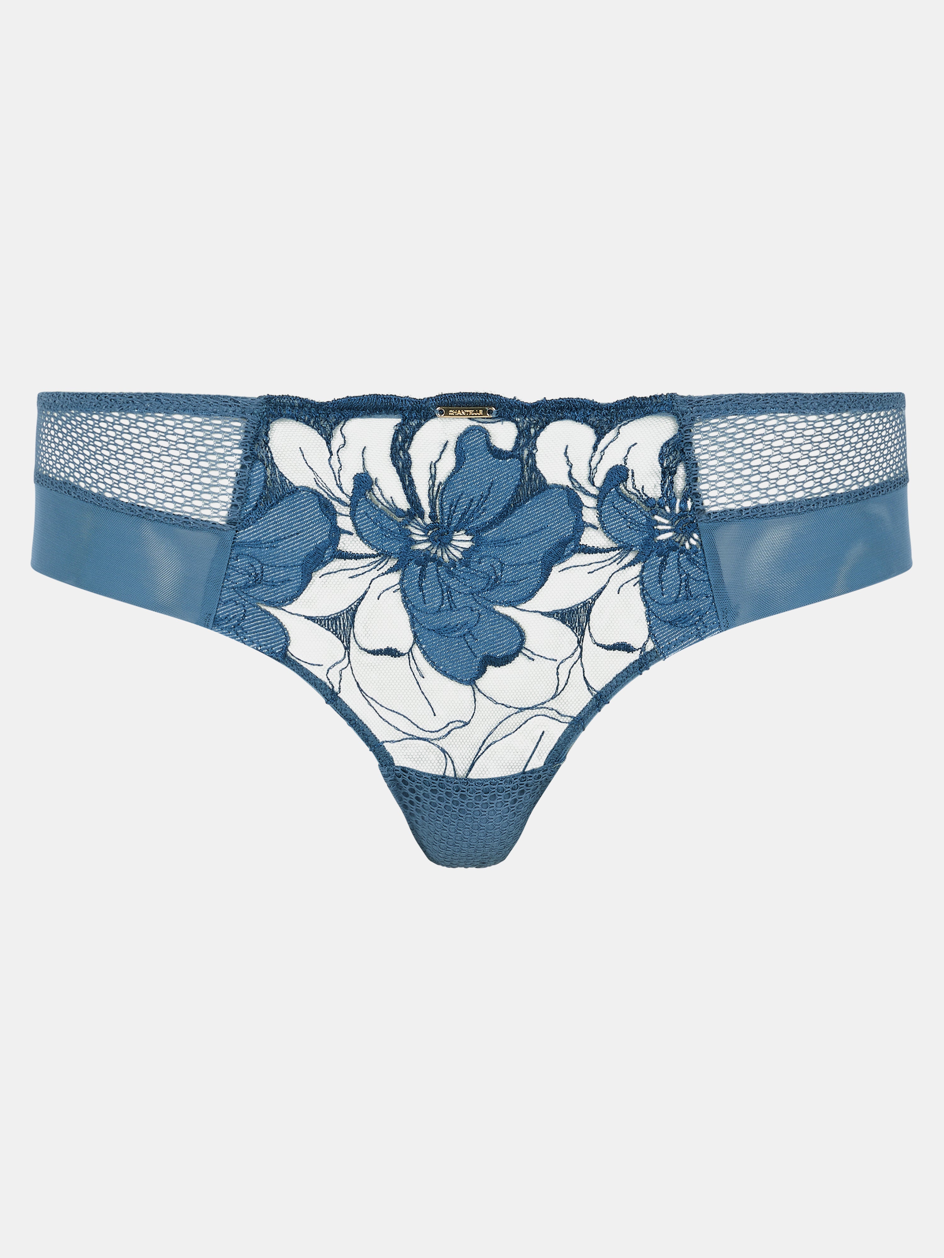 Close-up of the Fleurs Signature Lace Hipster in Blue Denim, showcasing intricate floral embroidery and the elegant Chantelle emblem at the waistband.