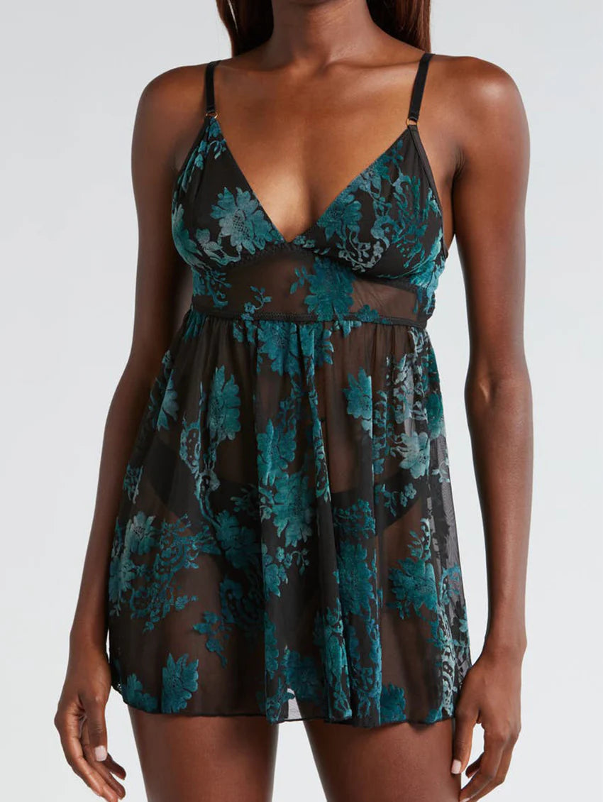 Flirty mini-length babydoll with stunning emerald floral burnout pattern and adjustable straps by Kilo Brava, sold at The O Shop