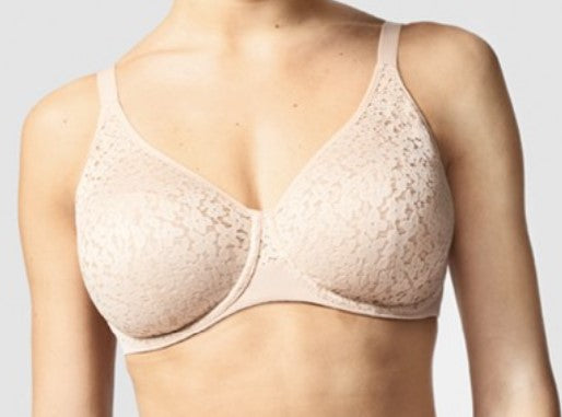 Chantelle Norah Comfort Underwire Bra in beige with floral lace, internal seams, and reinforced straps. Available at The O Shop in Central Massachusetts.