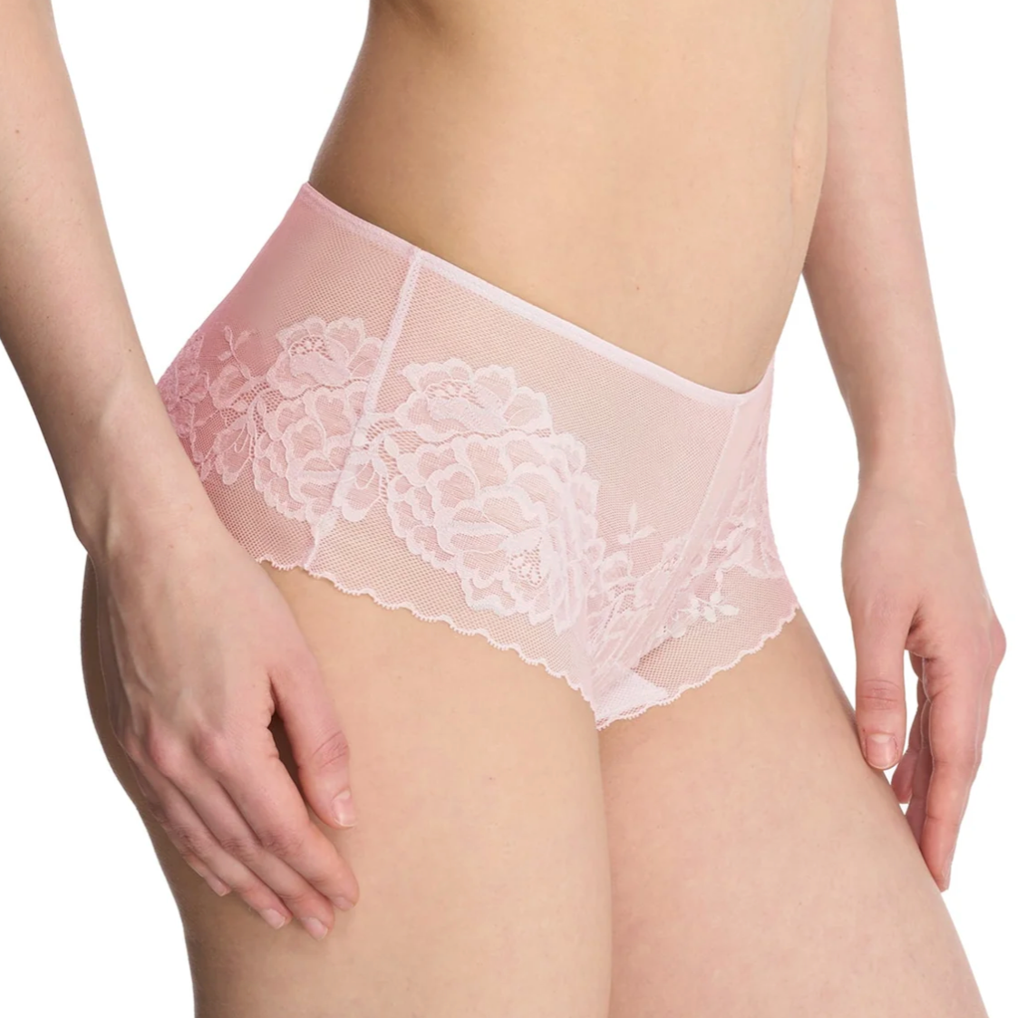 Natori Flora Girl Brief in Perfect Pink, front view. Delicate floral lace detail with a soft stretch fit, mid-rise silhouette, and scalloped lace edges for a seamless finish.