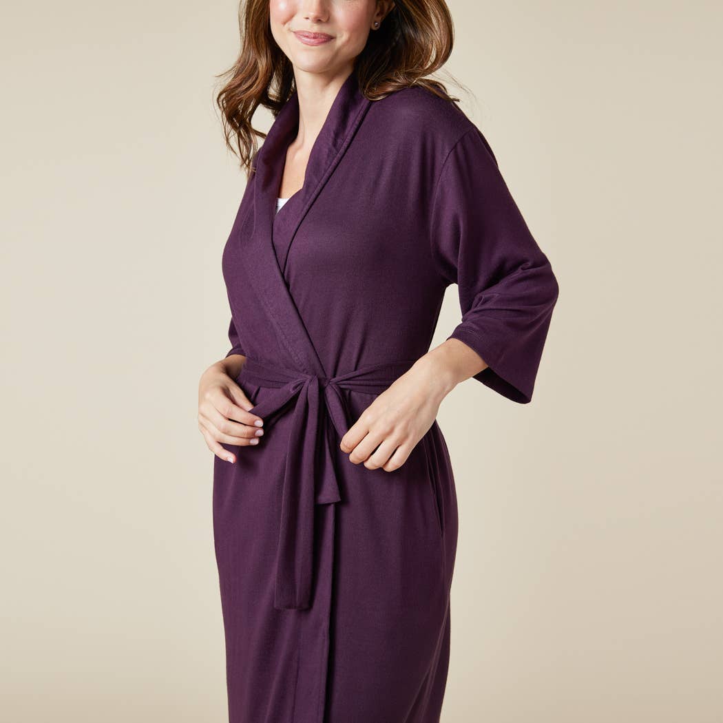 Softies Women’s Dream Jersey Robe with shawl collar, crafted from lightweight silky fabric, offering full-length coverage from shoulders to calves. Features internal string ties and an external waist tie for a secure fit, perfect for lounging and relaxation throughout all seasons.