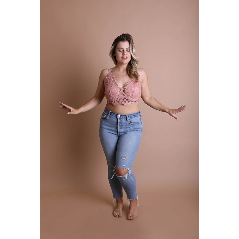 Leto Plus-Size Padded Crochet Lace Longline Bralette - Mauve