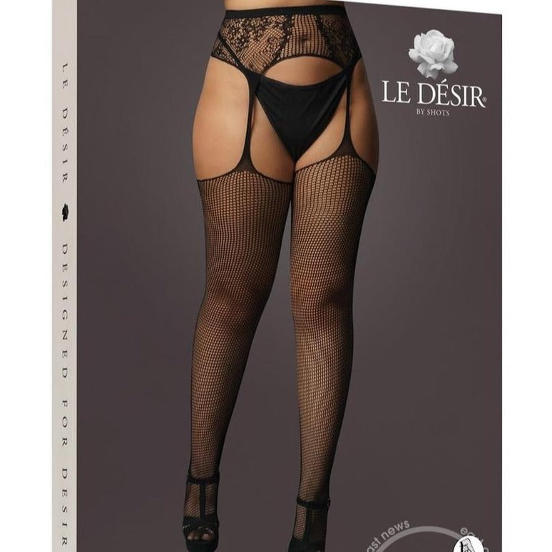 Le Désir Fishnet and Lace Garterbelt Stockings - Queen - Black