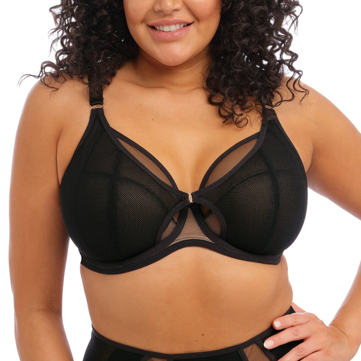 Elomi Kintai Plunge Bra with black fishnet overlay, Café Au Lait lining, and rose gold accents. Designed for comfort and style, available at The O Shop.