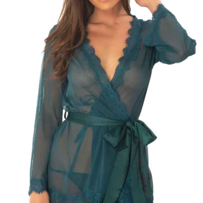 Oh Là Là Chéri Eyelash Lace Robe with Satin Sash and G String