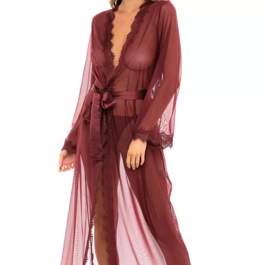 Oh Là Là Cheri Eyelash Lace Floor Length Robe with Satin Sash- Zinfandel