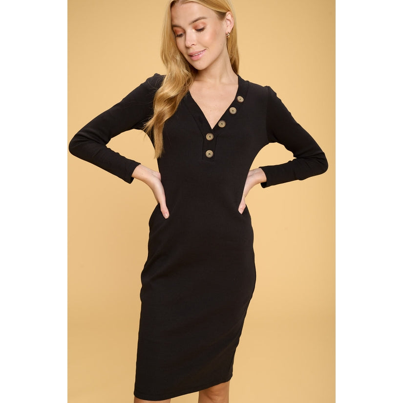 Renee C. Cotton Rib Knit Midi Bodycon Dress with Buttons